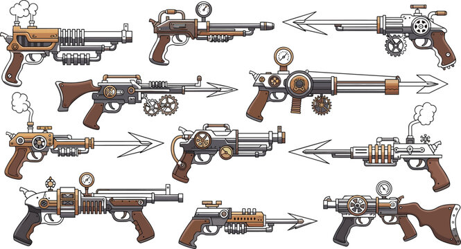 Steampunk Weapon Collection with Futuristic Rifles, Mechanical Pistols, and Gear Powered Guns, Vintage Sci Fi Armory Set for Fantasy and Vector Illustration