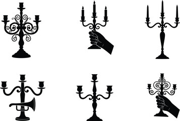 Set of six black silhouette candelabra illustrations with unique artistic designs, hand-held versions, trumpet integration, ornamental candle holders, creative decorative vector artwork © MstShanaz