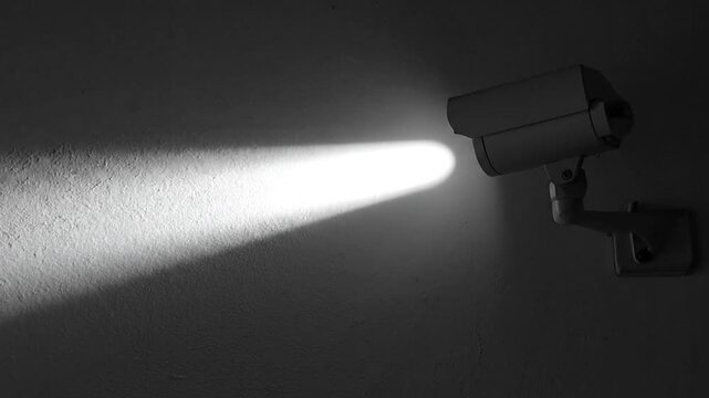Security camera with spotlight illuminating a dark wall