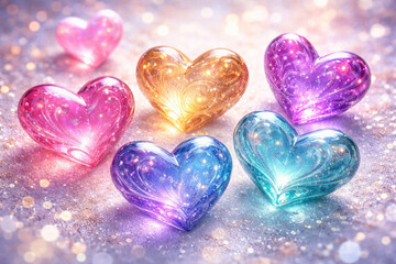 Obraz premium Colorful glowing glass hearts on a sparkling background with soft bokeh light 