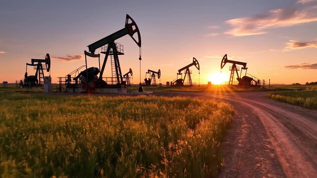 Multiple oil pumpjack silhouettes working continuously in a rural field, extracting fossil fuels as the sun sets on the horizon, symbolizing the petroleum industry and global energy production