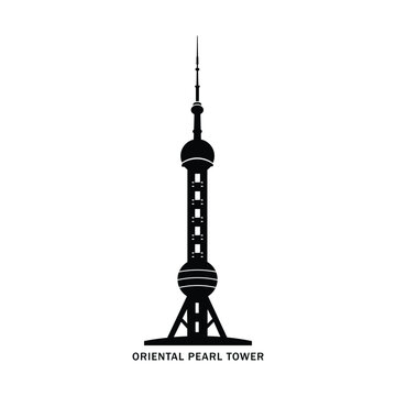 Oriental Pearl Tower silhouette icon, Shanghai landmark skyline, modern architectural tower vector style, black solid design isolated on white background