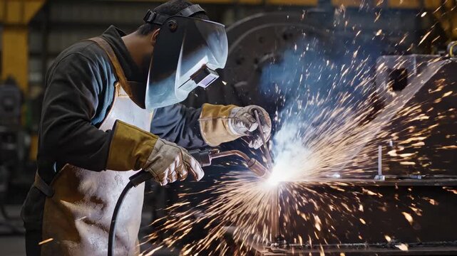 Industrial welder wearing a protective mask and gloves is working on a metal structure in a factory, with bright sparks flying from the intense heat of the arc welding process
