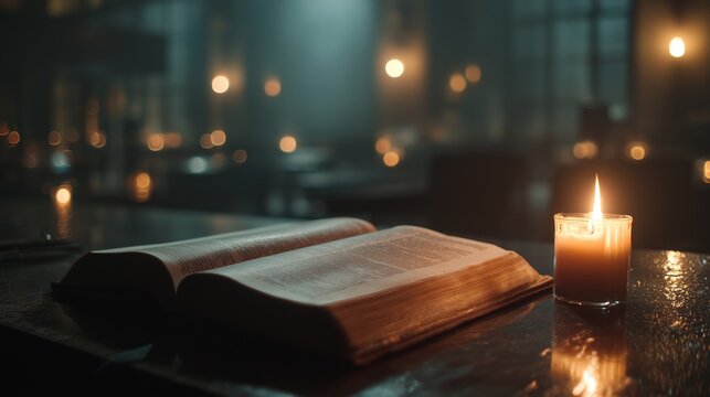 Soft candlelight reflects on an open Bible in a dim room creating a warm atmosphere of love for God