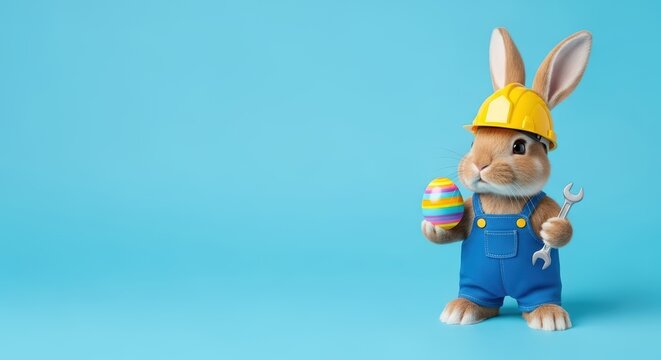 Cute bunny in yellow hard hat and uniform overalls, holding striped easter egg and wrench on blue background. Easter celebration banner with copy space. Construction idustry, mechanic's services