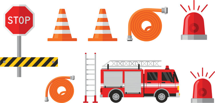 Vector illustration set of fire truck emergency equipment including fire hose traffic cones siren lights ladder and stop sign for safety and rescue services
