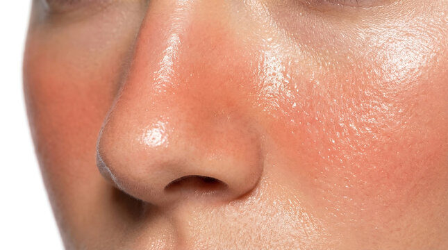 Close-up of nose and cheek with redness and shiny oily skin, dermatology detail photography.