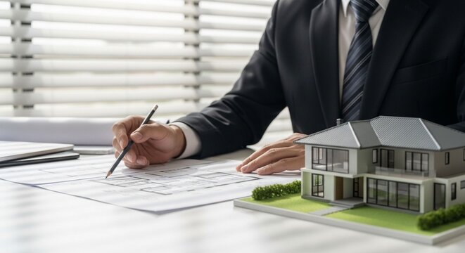 Professional Architect or Real Estate Developer in a Formal Suit Analyzing Detailed Blueprints and a Modern House Scale Model