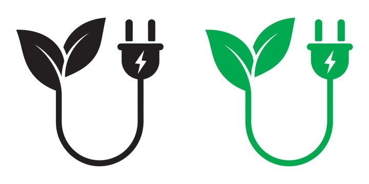 Eco plug with green leaf icon vector, renewable energy symbol, sustainable power, eco-friendly electricity concept, clean energy poster banner illustration, transparent background