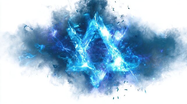 A glowing, stylized star of David symbol, engulfed in an ethereal, smoky aura. The six-pointed star emits a vibrant, electrical blue light, symbolizing spirituality, faith, and the cosmos