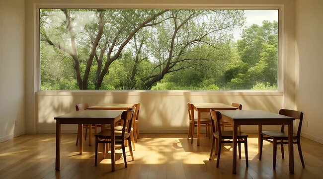A sun-drenched room with wooden tables and chairs, offering panoramic forest views