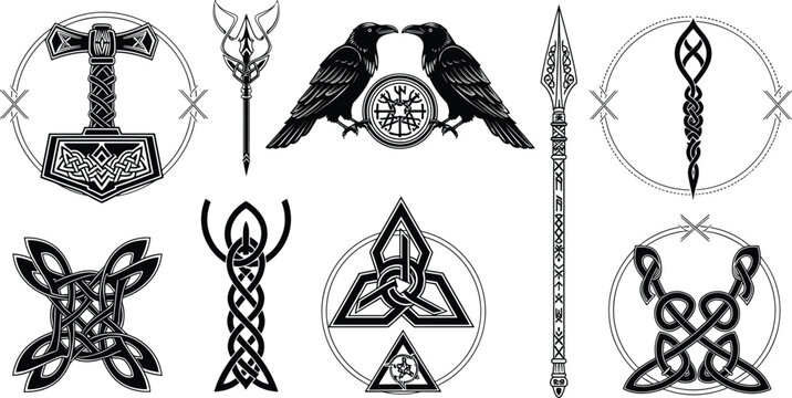 Viking symbols with Thor hammer, ravens and knotwork ornaments, Norse mythology sacred emblems and ancient runic style vector illustration set