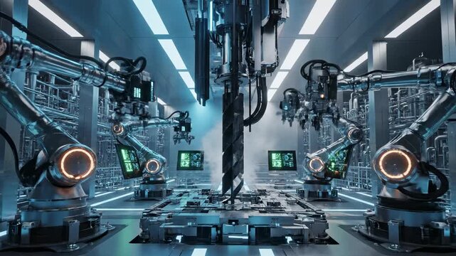 Advanced robotic arms and automated machinery operating a high tech oil drilling rig in a futuristic industrial facility, illustrating the future of energy extraction and fossil fuel production