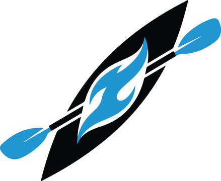Stylized kayak and paddles design with dynamic blue flame accents