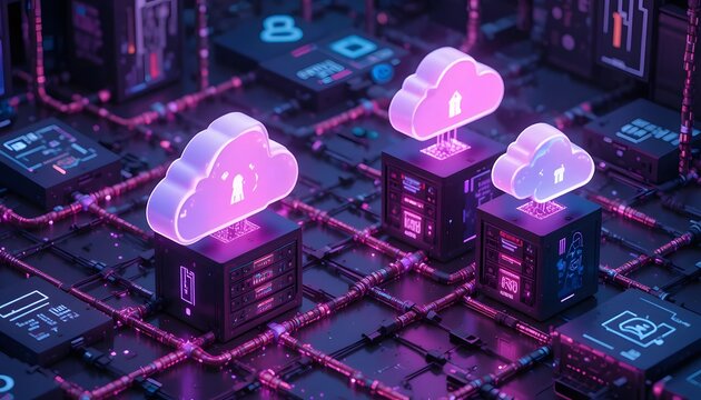 pink neon cloud computing icons hovering over dark server room data center