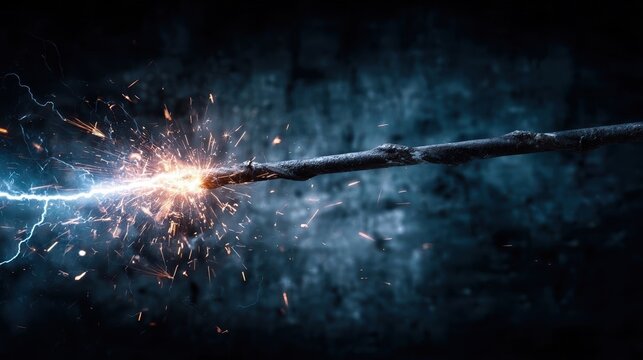 Close up of electrical spark on the wand with mystical background