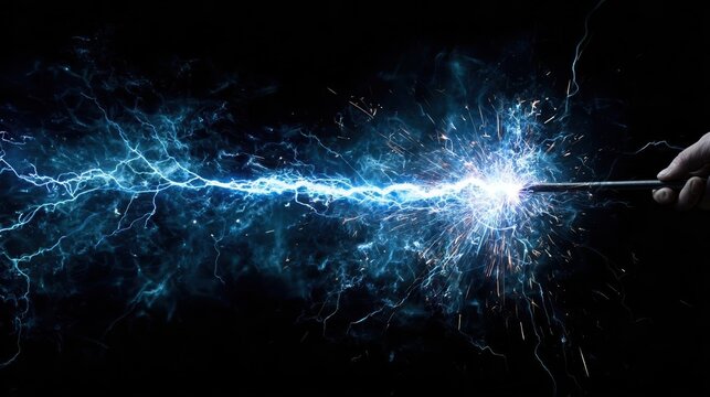 A hand conjures a mesmerizing lightning bolt using a magic wand, in a captivating dark background. The glowing, powerful energy emanates from the wand