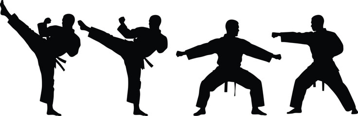 Martial arts silhouettes set, karate and taekwondo fighter poses vector, black judo athlete kicking and punching, sport combat training icons. © Fozila
