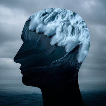 Vibrant conceptual double exposure of a brain exploding into a stormy ocean within a head silhouette
