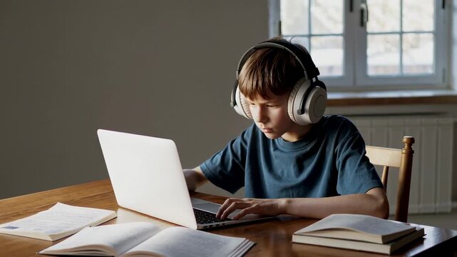 Student wearing noise canceling headphones, focusing intently on laptop screen, studying remotely with open textbooks, sunlight illuminating wooden workspace near window