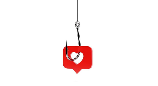 Fishing hook with social media like button on white background - Concept of social media, popularity and marketing strategy