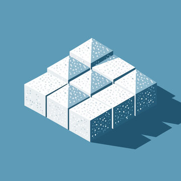 Isometric illustration of sugar cubes stacked in a pyramid shape on a blue background.