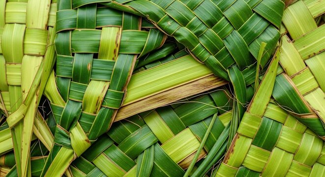 Close-up of Woven Green Coconut Palm Leaves Texture Background.