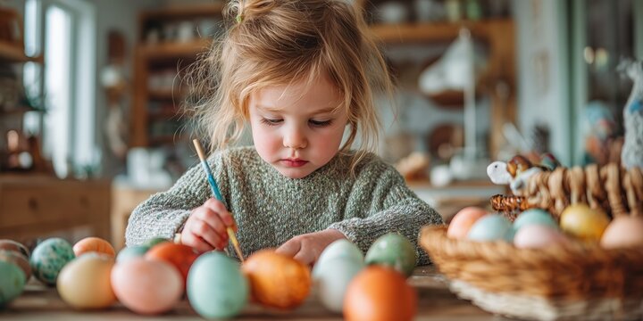 Little child decorating bright Easter eggs indoors, warm lifestyle scene with creativity, learning, and seasonal celebration atmosphere
