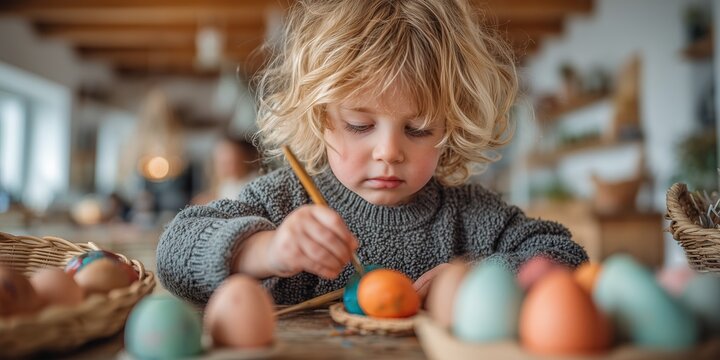 Little child decorating bright Easter eggs indoors, warm lifestyle scene with creativity, learning, and seasonal celebration atmosphere