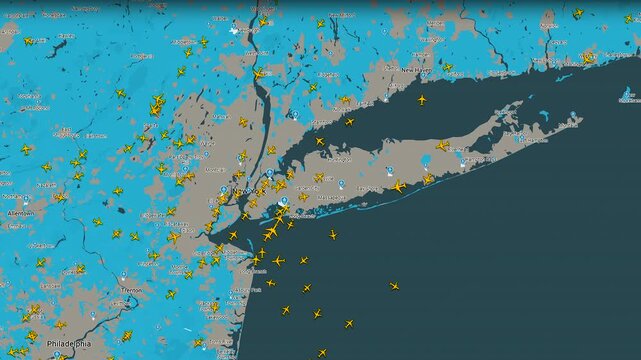 Air Traffic Map Over New York Region, Live aircraft tracking showing dense flight activity across northeastern United States airspace
