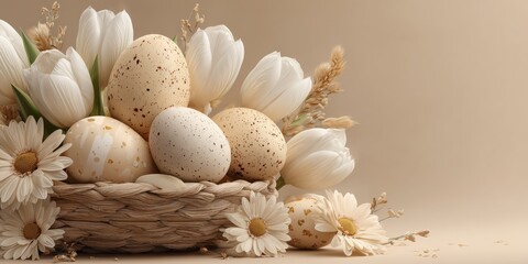 Obraz premium Elegant Easter basket with pastel eggs, white tulips and daisies on warm yellow background, perfect for seasonal holiday design