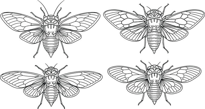 Detailed Cicada Insect Line Art Set with Wings and Symmetrical Anatomy for Nature, Entomology, Wildlife Illustration, Tattoo Design, and Educational Projects