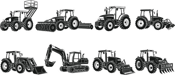 Black silhouette vector illustration of agricultural tractors, construction vehicles, excavator with bucket, rollers, plows, front loaders, grapple attachments, farming machinery © MOSTSUMAIYA