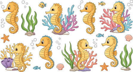 Obraz premium Cute seahorse cartoon collection with colorful coral reefs, bubbles and playful underwater marine characters in detailed vector illustration set