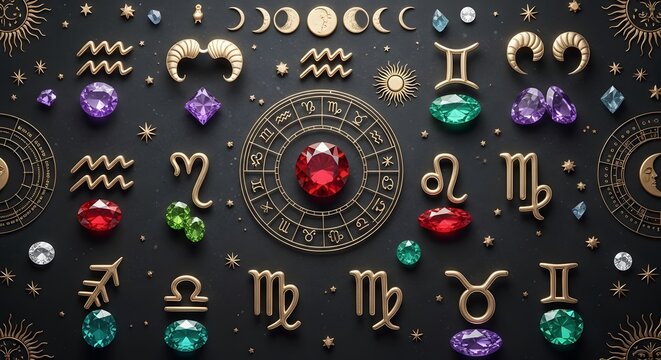A magical collection of gold zodiac signs, sparkling gemstones, and celestial moon phases surrounding a mystical central wheel.