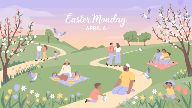 Easter monday celebration in a park with families and blooming spring flowers