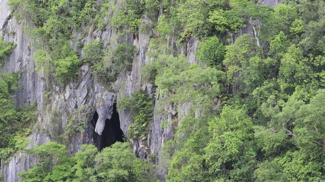 Natural video background of a high-angle atmosphere on a mountain that overlooks the surrounding scenery(mountains, trees,sea)from a scenic vantage point,with a wooden chair for sitting and resting