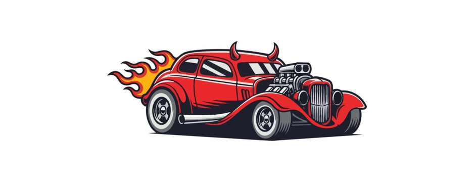 Cartoon classic car illustration with flames and horns