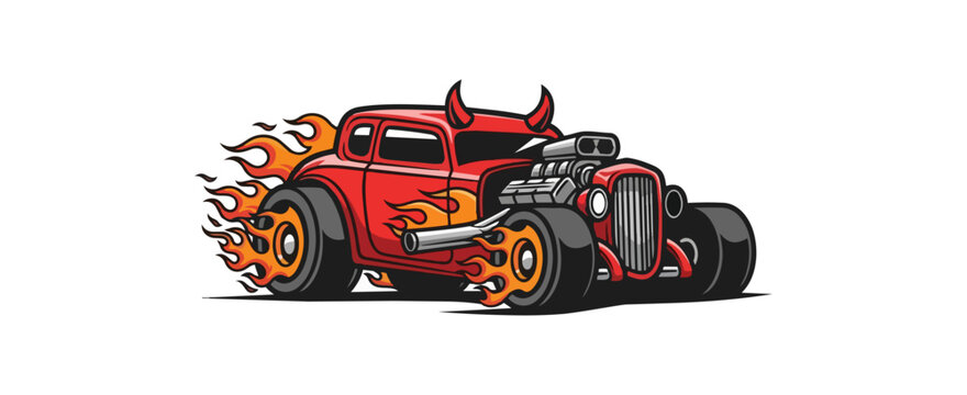 Cartoon hot rod car with flames and devil horns on black background