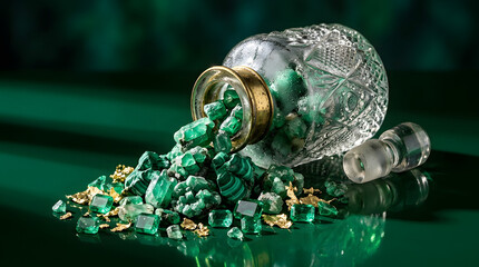 A vintage cut-glass bottle tipped on its side spilling raw emeralds and gold flakes across a dark green reflective surface.