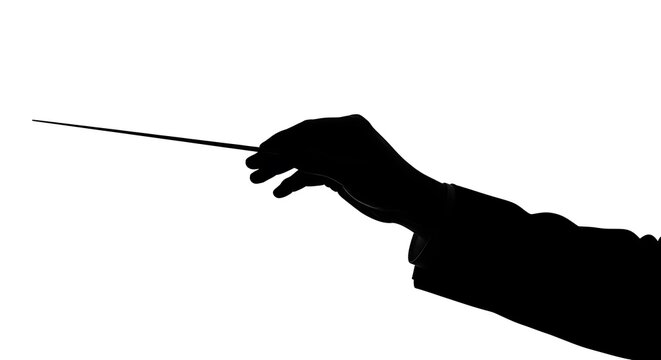 Silhouette of a hand holding a conductor's baton in a dramatic gesture