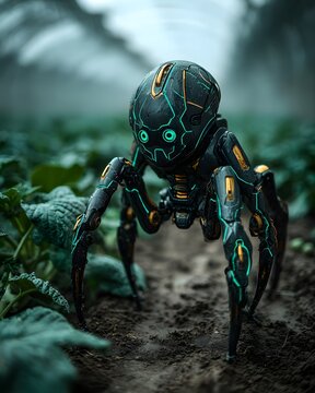 Futuristischer Agrarroboter mit leuchtenden Elementen zwischen Pflanzen im Gew&auml;chshaus