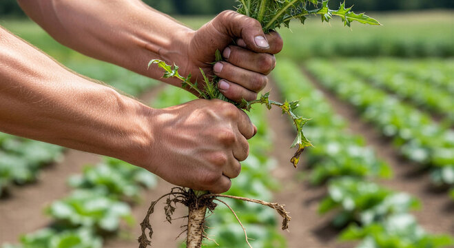 Farmer pulling weeds from soil in a vegetable field