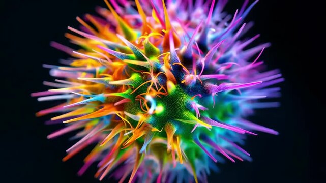 Vibrant rotating abstract spiky sphere with dynamic color shifts in motion