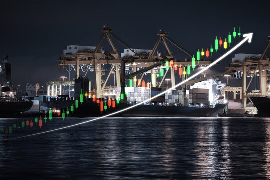 Crane operations and cargo vessel loaded with shipping containers at major port in Bangkok, Thailand, overlaid with upward-trending stock market candlestick chart. Represents expansion of global trade