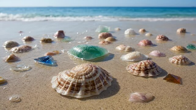 Close-up of shells and colorful gelatinous objects in shallow beach waves with ocean background