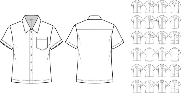 Technical fashion sketch of short sleeve button down shirt with pocket front and back views including multiple collar variations for apparel design manufacturing.