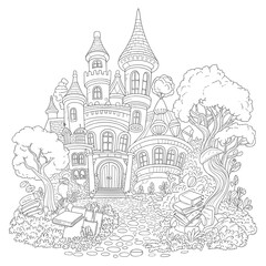 Obraz premium Fantasy Castle Coloring Page Line Art Cartoon Architecture Kids