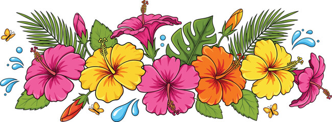 Tropical hibiscus flower border vector illustration with colorful blossoms leaves and summer floral decorative composition design © EdGe Creative