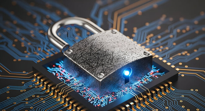 Circuit-board padlock close-up
Hardware encryption concept
Microchip security lock
Electronic lock on PCB